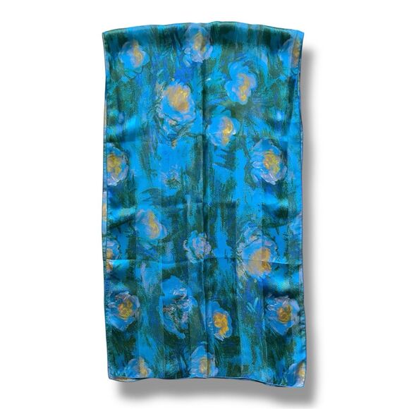 Silk Brochier Soieries Blue Rectangular Vtg Scarf 54” X 15” Women Made In France - Picture 2 of 3